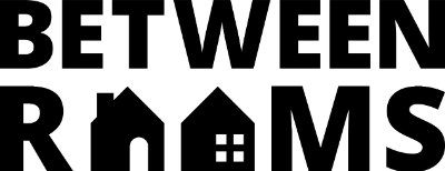 Exhibition title of "Between Rooms". Each "o" in "Rooms" is a house.